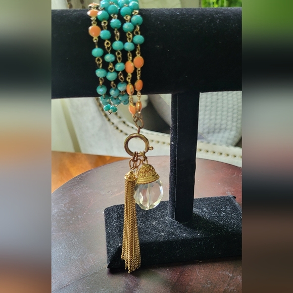 Vintage Blue and Gold Necklace with Crystal Pendant - Picture 2 of 8